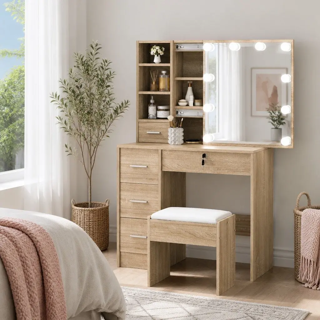 Dressing Table Set for Bedroom with Stool and 10 LED Bulbs Hollywood Mirror