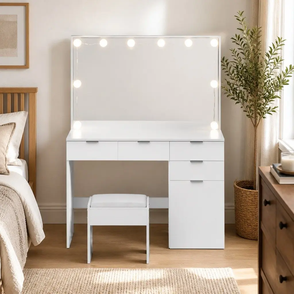 LED Dressing Table with Mirror and Stool