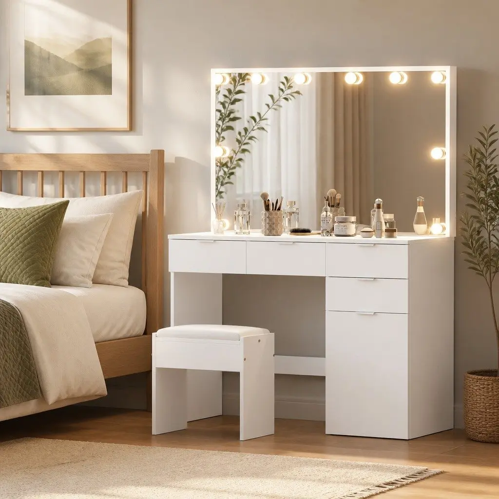 LED Dressing Table with Mirror and Stool
