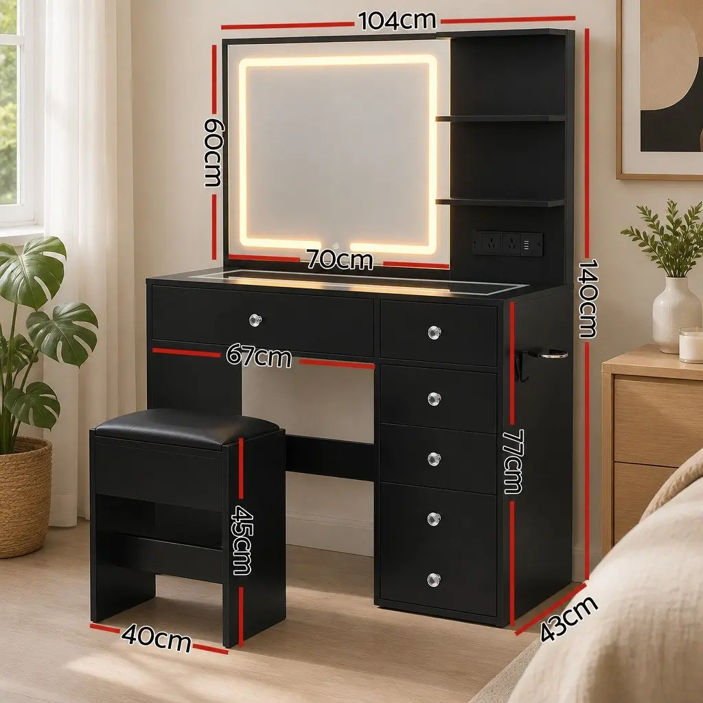 Dressing Vanity Desk for Bedroom with LED Mirror and Stool Black 104cm W x 43cm D x 140cm H