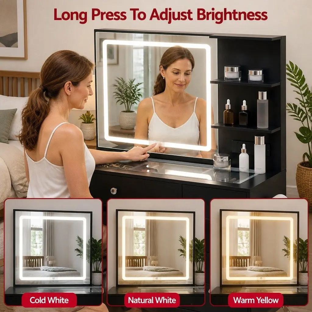 Dressing Vanity Desk for Bedroom with LED Mirror and Stool Black 104cm W x 43cm D x 140cm H
