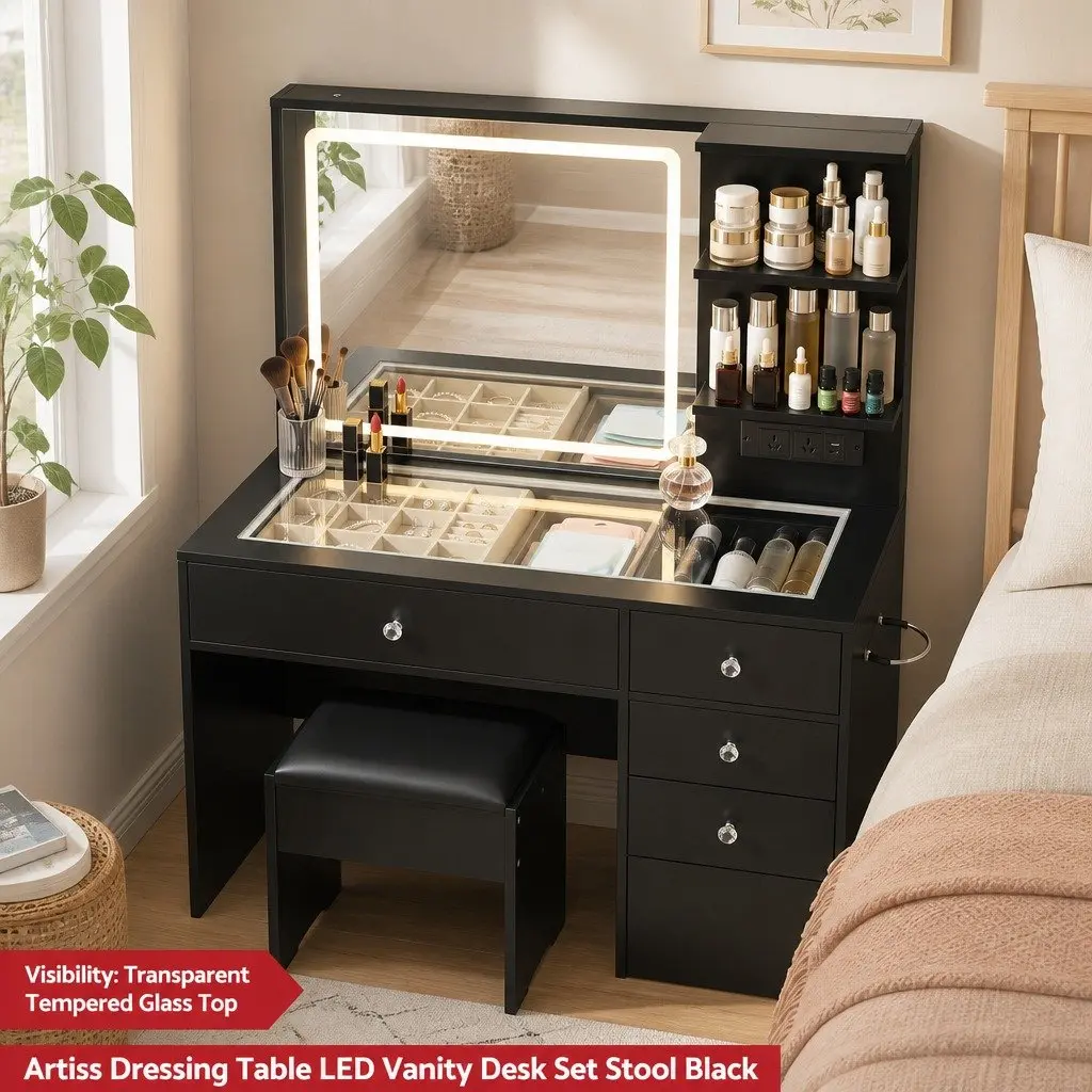 Dressing Vanity Desk for Bedroom with LED Mirror and Stool Black 104cm W x 43cm D x 140cm H