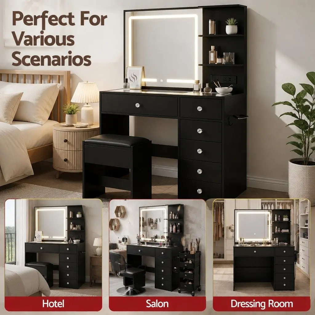 Dressing Vanity Desk for Bedroom with LED Mirror and Stool Black 104cm W x 43cm D x 140cm H
