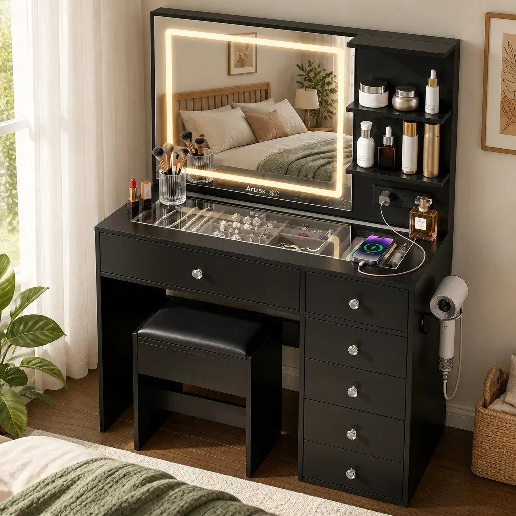 Dressing Vanity Desk for Bedroom with LED Mirror and Stool Black 104cm W x 43cm D x 140cm H