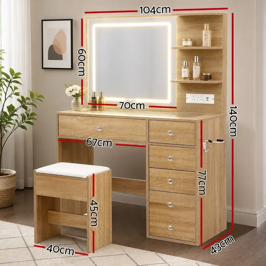 Dressing Table Vanity Desk Set for Bedroom with LED Mirror and Stool 104cm x 43cm x 140cm
