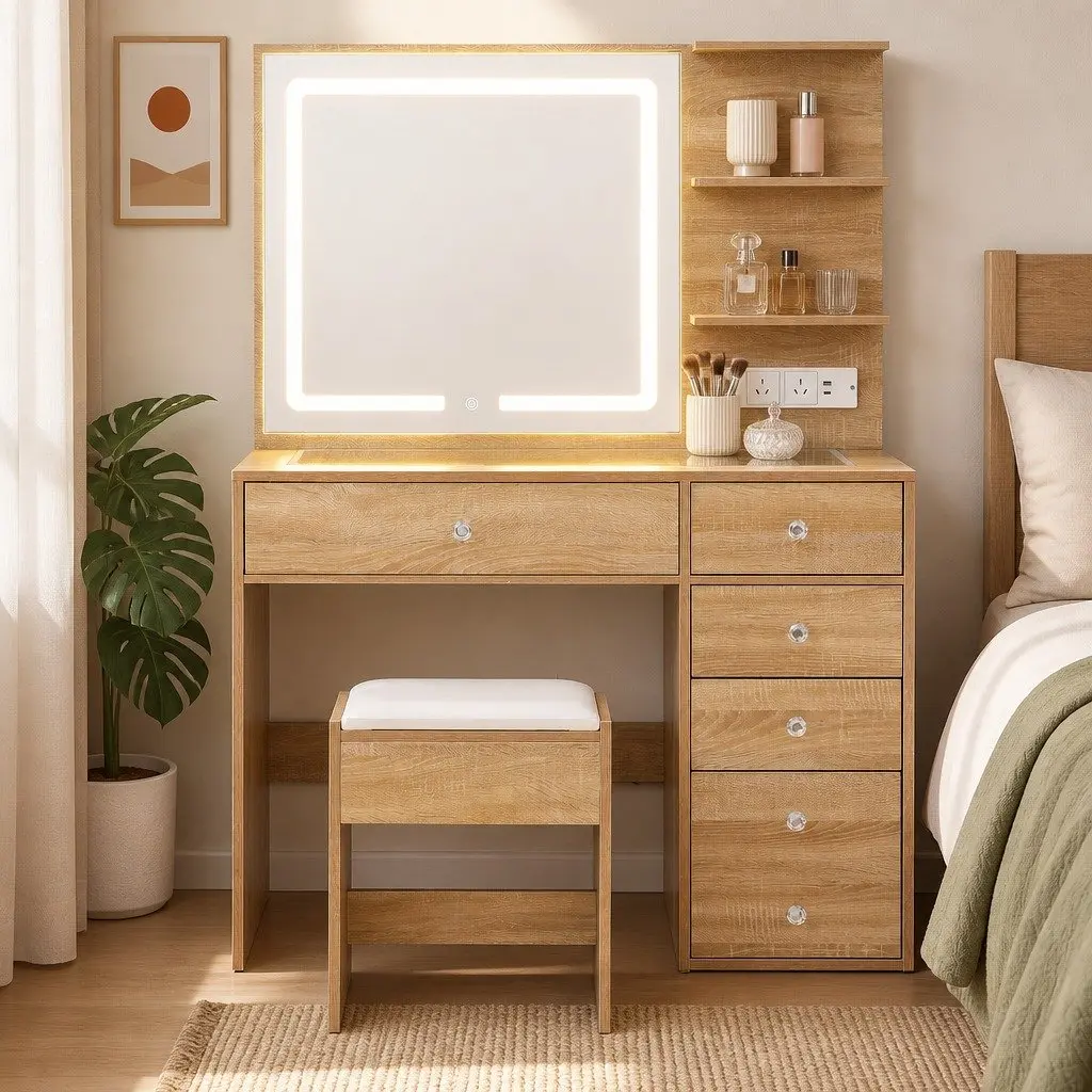Dressing Table Vanity Desk Set for Bedroom with LED Mirror and Stool 104cm x 43cm x 140cm
