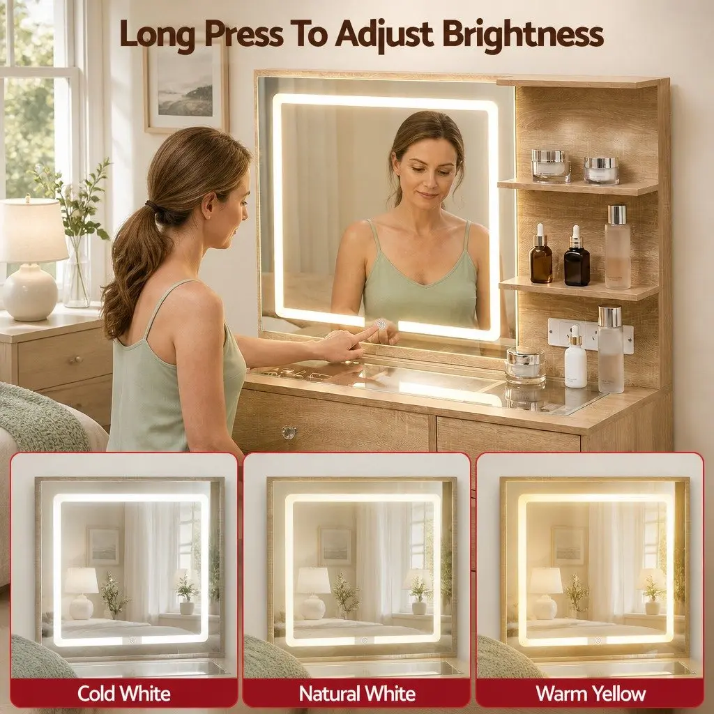 Dressing Table Vanity Desk Set for Bedroom with LED Mirror and Stool 104cm x 43cm x 140cm