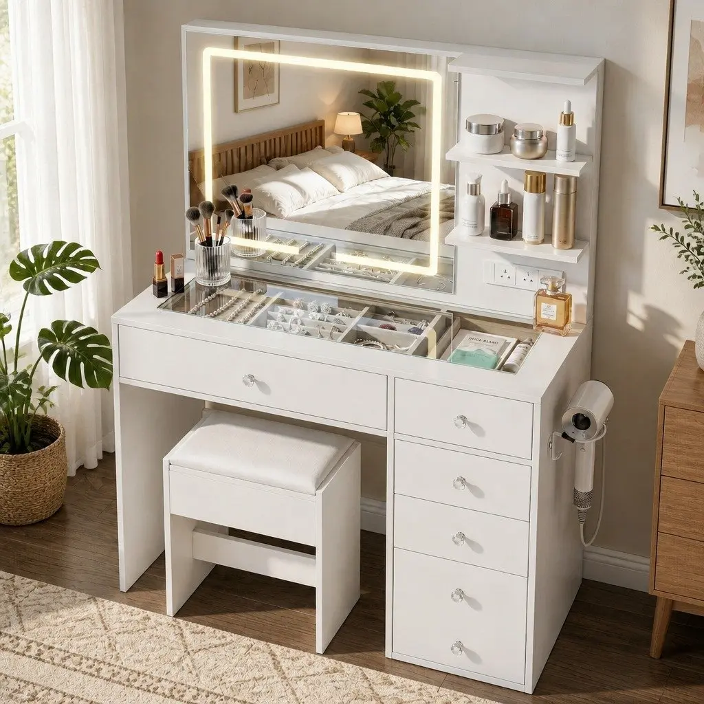 LED Vanity Dressing Table Desk White Makeup Mirror Stool Drawers Charging
