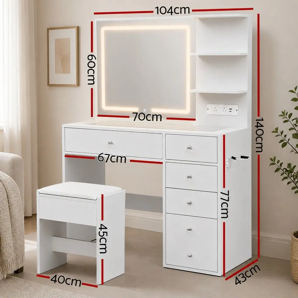 LED Vanity Dressing Table Desk White Makeup Mirror Stool Drawers Charging