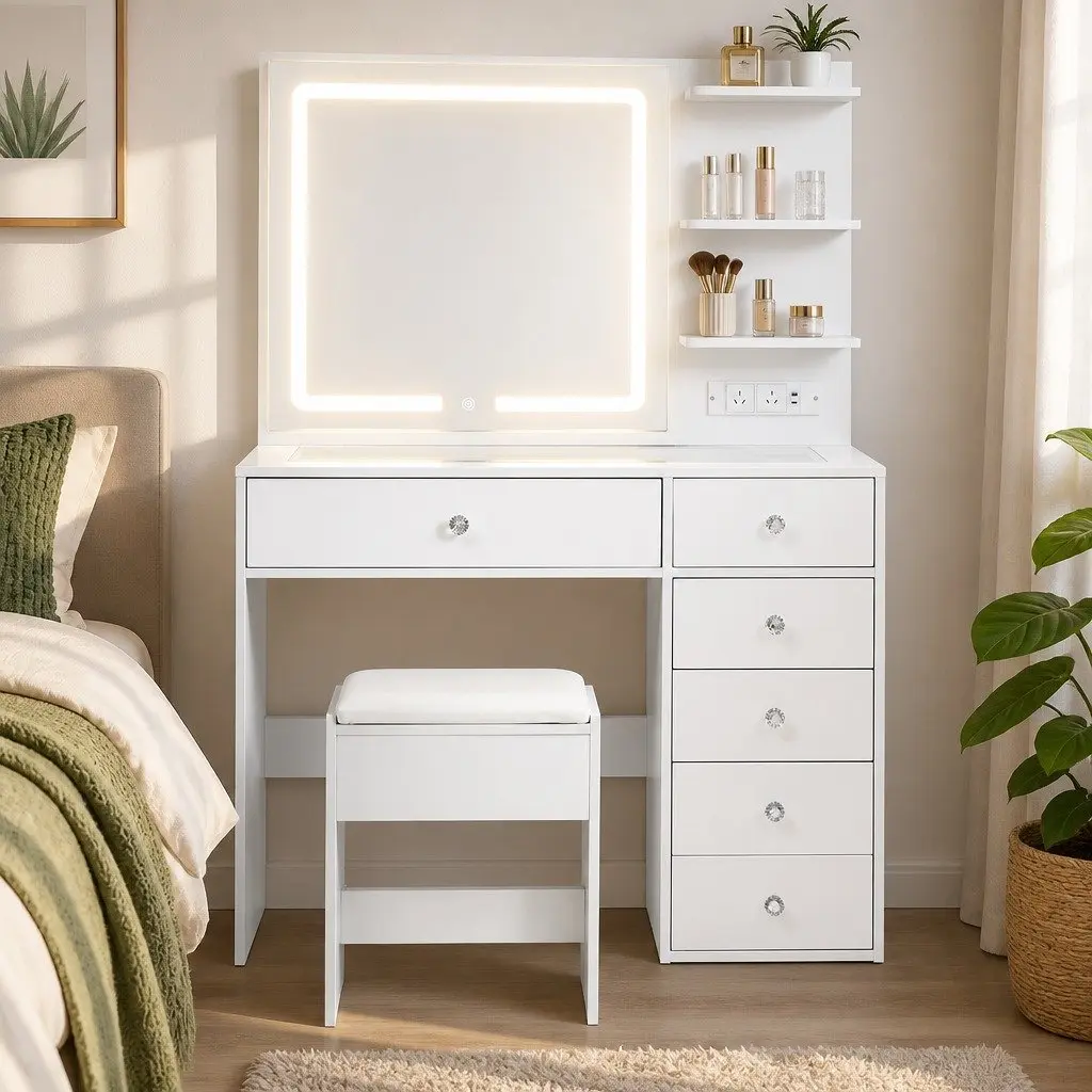 LED Vanity Dressing Table Desk White Makeup Mirror Stool Drawers Charging