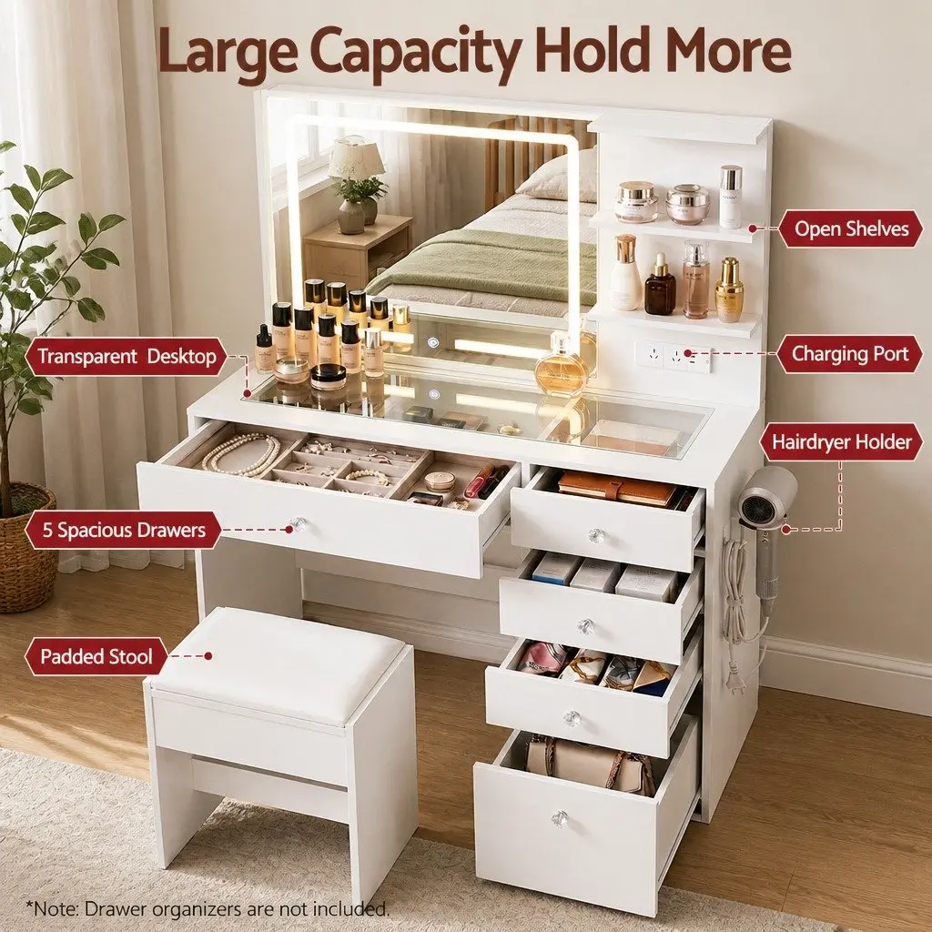 LED Vanity Dressing Table Desk White Makeup Mirror Stool Drawers Charging