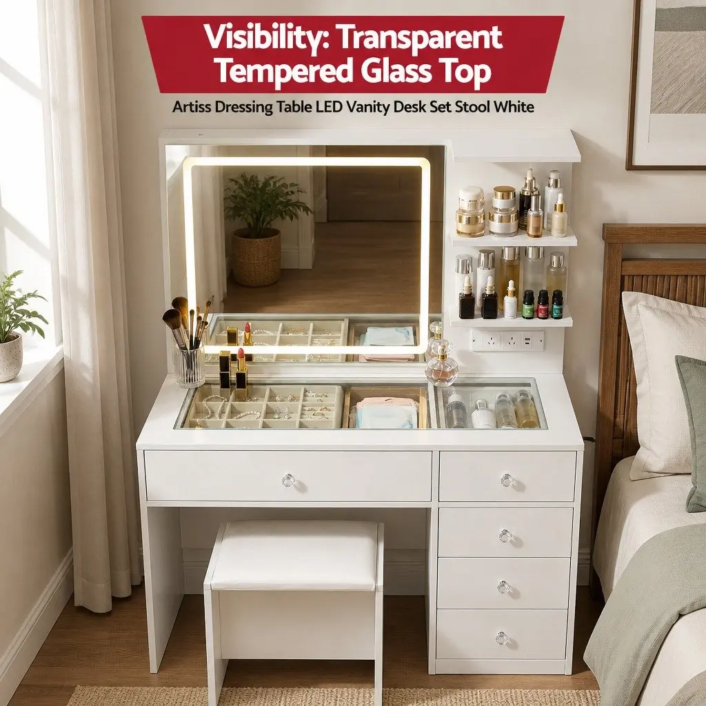 LED Vanity Dressing Table Desk White Makeup Mirror Stool Drawers Charging