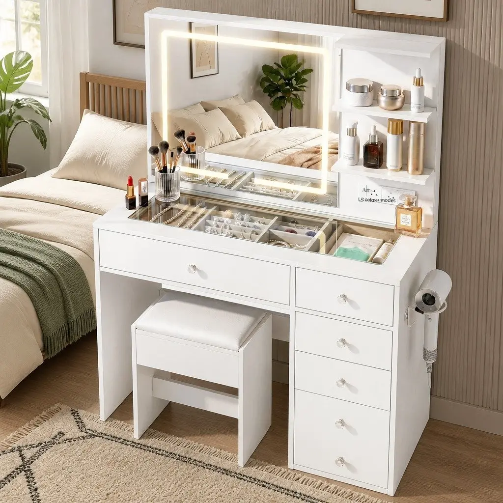 LED Vanity Dressing Table Desk White Makeup Mirror Stool Drawers Charging