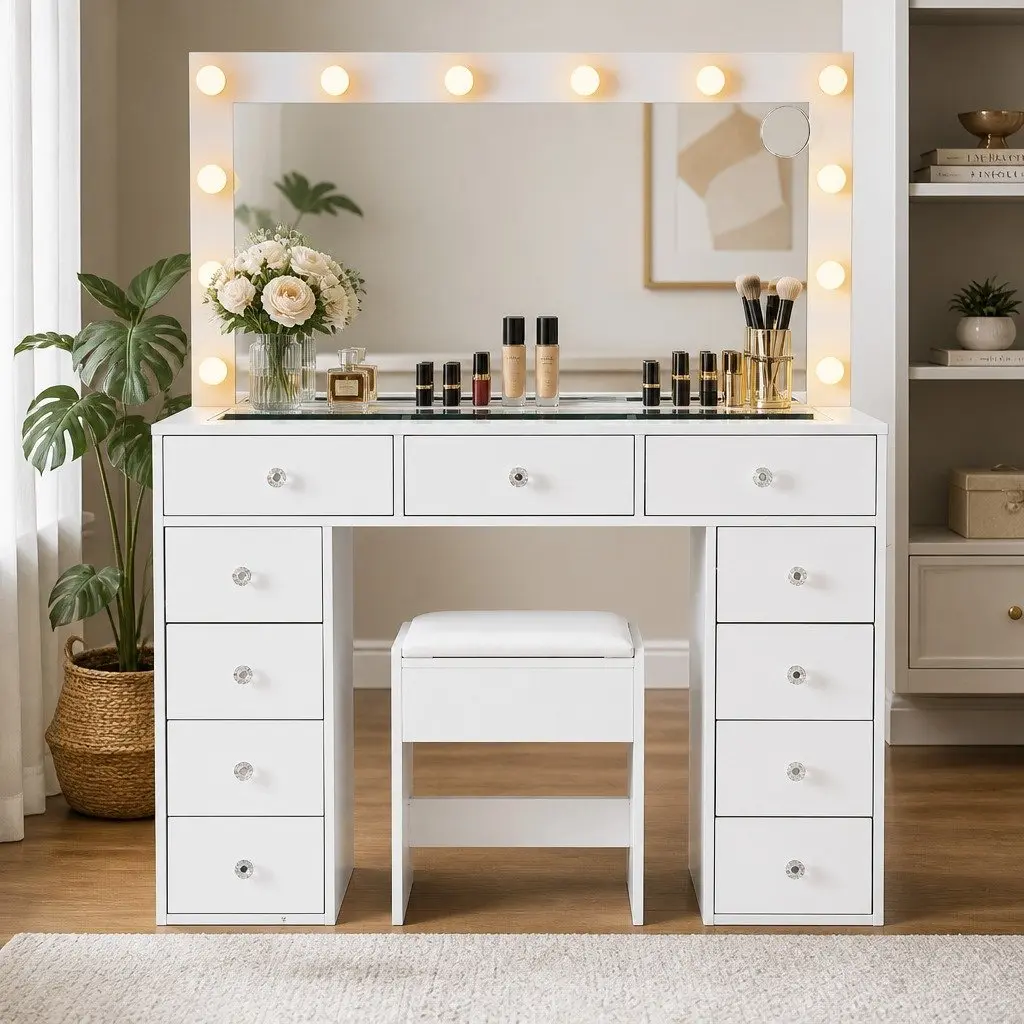 Dressing Table Vanity Desk for Bedroom with LED Mirror and Stool White 120cm