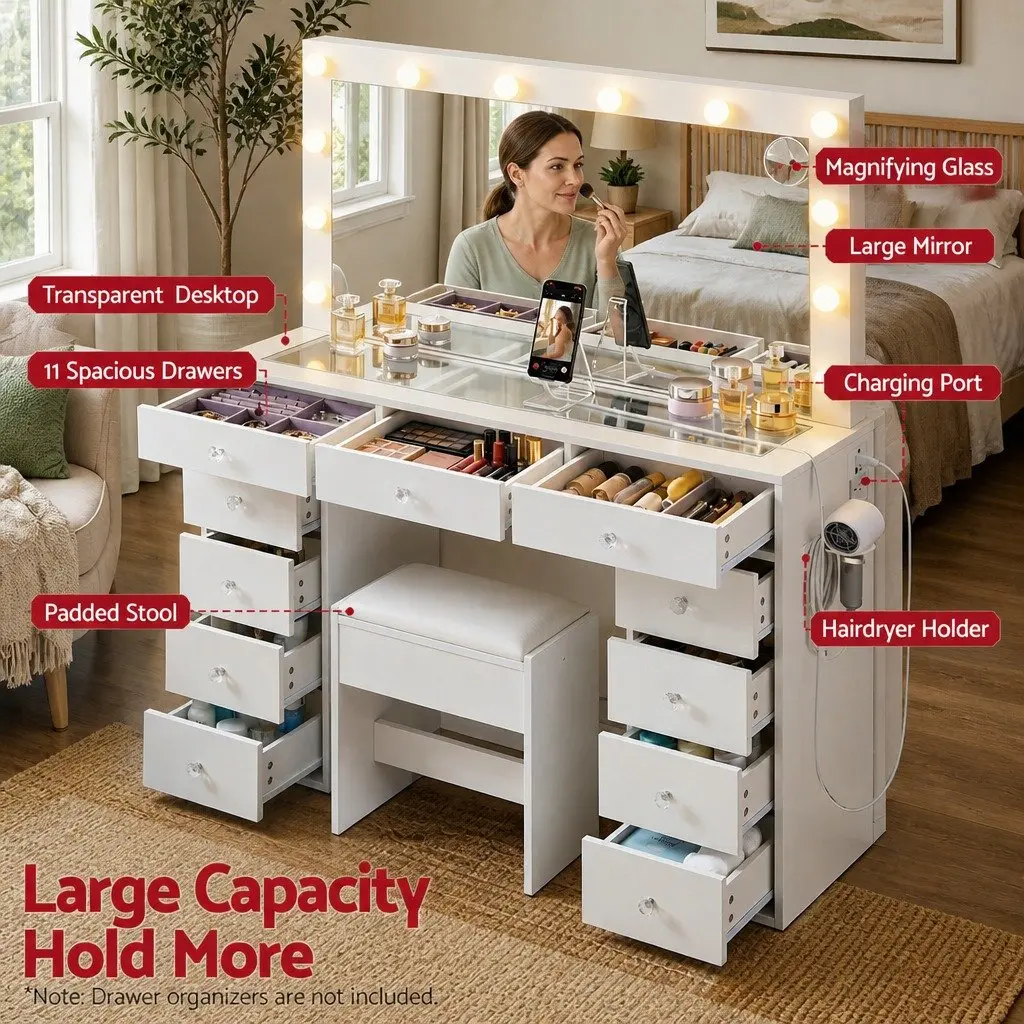 Dressing Table Vanity Desk for Bedroom with LED Mirror and Stool White 120cm