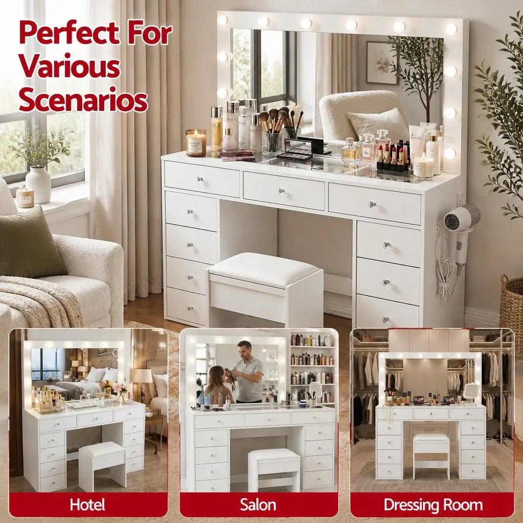 Dressing Table Vanity Desk for Bedroom with LED Mirror and Stool White 120cm