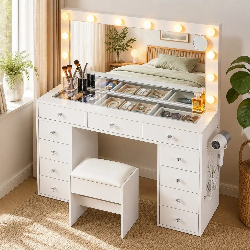 Dressing Table Vanity Desk for Bedroom with LED Mirror and Stool White 120cm