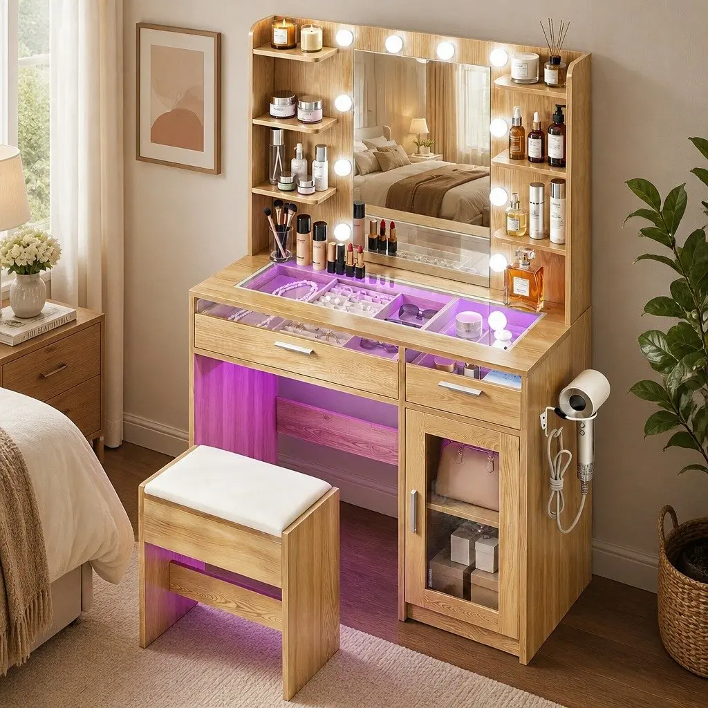 Dressing Table Vanity Desk for Bedroom with Hollywood LED Mirror and Storage Drawers 90cm x 40cm x 142cm