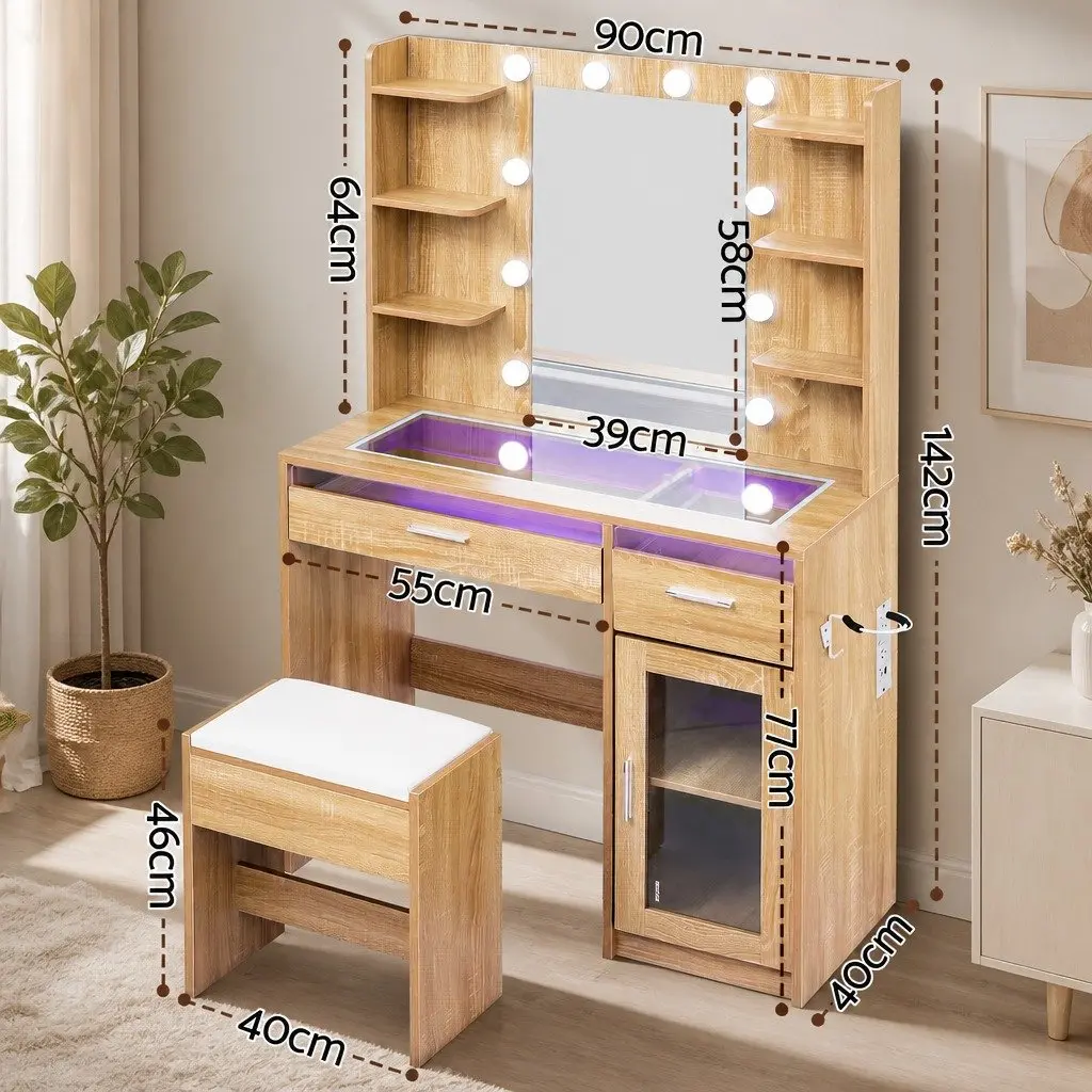 Dressing Table Vanity Desk for Bedroom with Hollywood LED Mirror and Storage Drawers 90cm x 40cm x 142cm