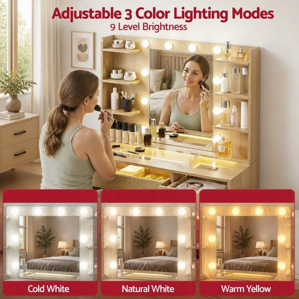 Dressing Table Vanity Desk for Bedroom with Hollywood LED Mirror and Storage Drawers 90cm x 40cm x 142cm