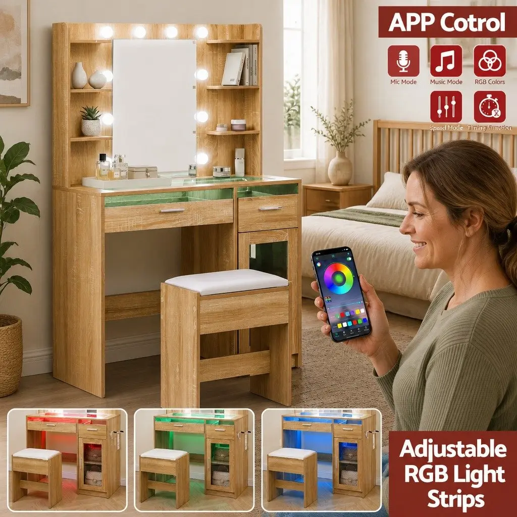 Dressing Table Vanity Desk for Bedroom with Hollywood LED Mirror and Storage Drawers 90cm x 40cm x 142cm