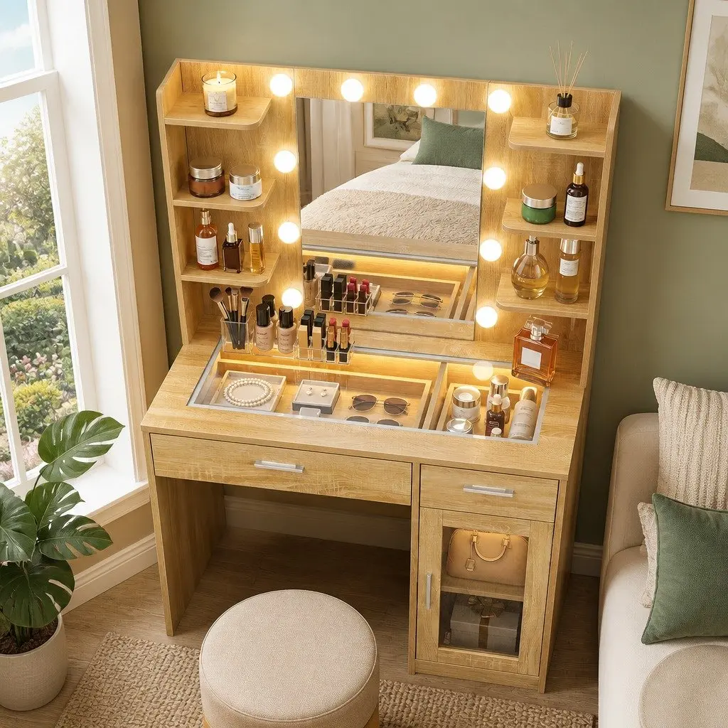 Dressing Table Vanity Desk for Bedroom with Hollywood LED Mirror and Storage Drawers 90cm x 40cm x 142cm