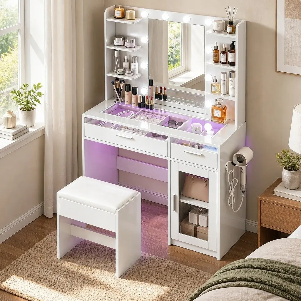 Dressing Table Vanity Desk with Hollywood Mirror 10 LED Bulbs RGB Light White