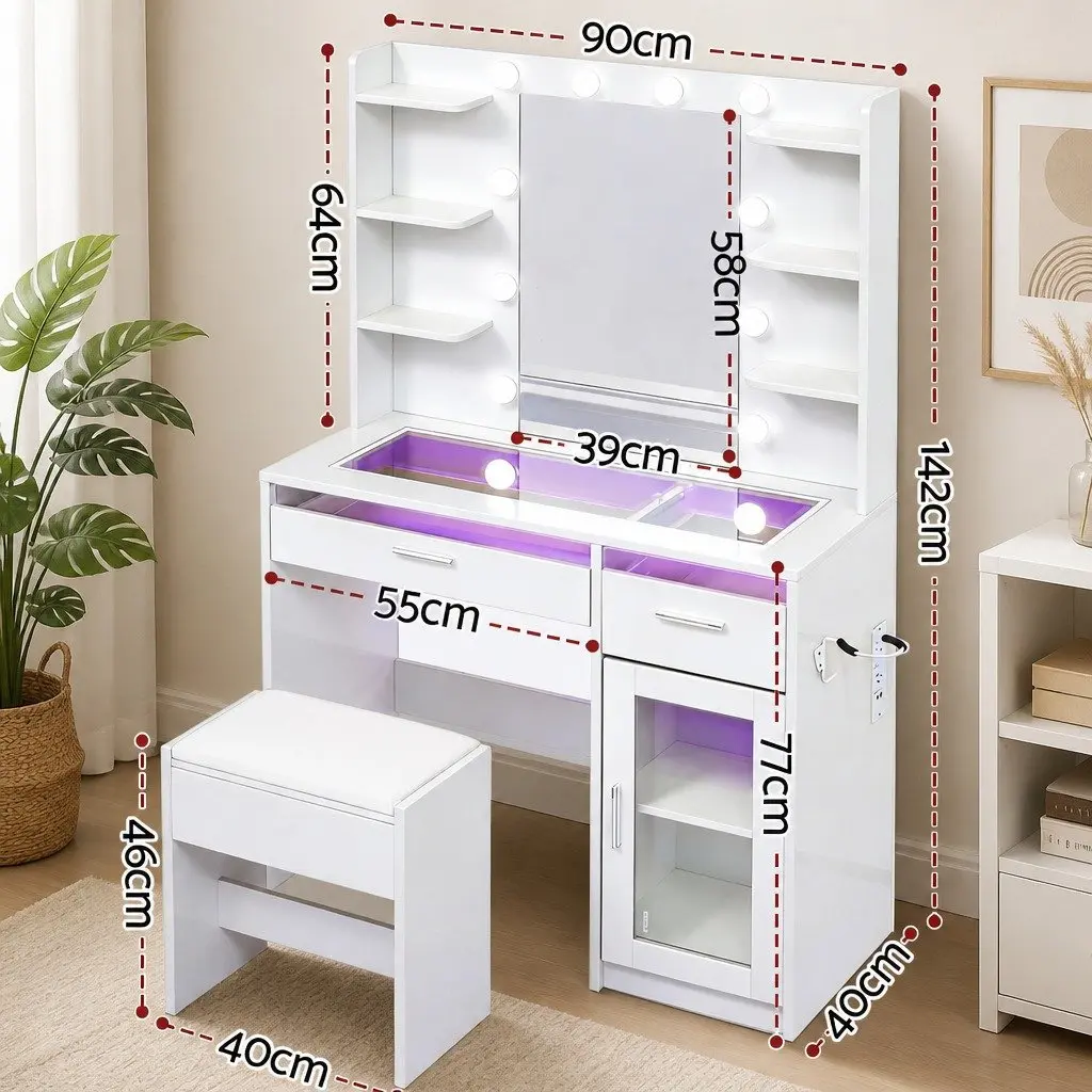 Dressing Table Vanity Desk for Bedroom with Hollywood Mirror and RGB Light White