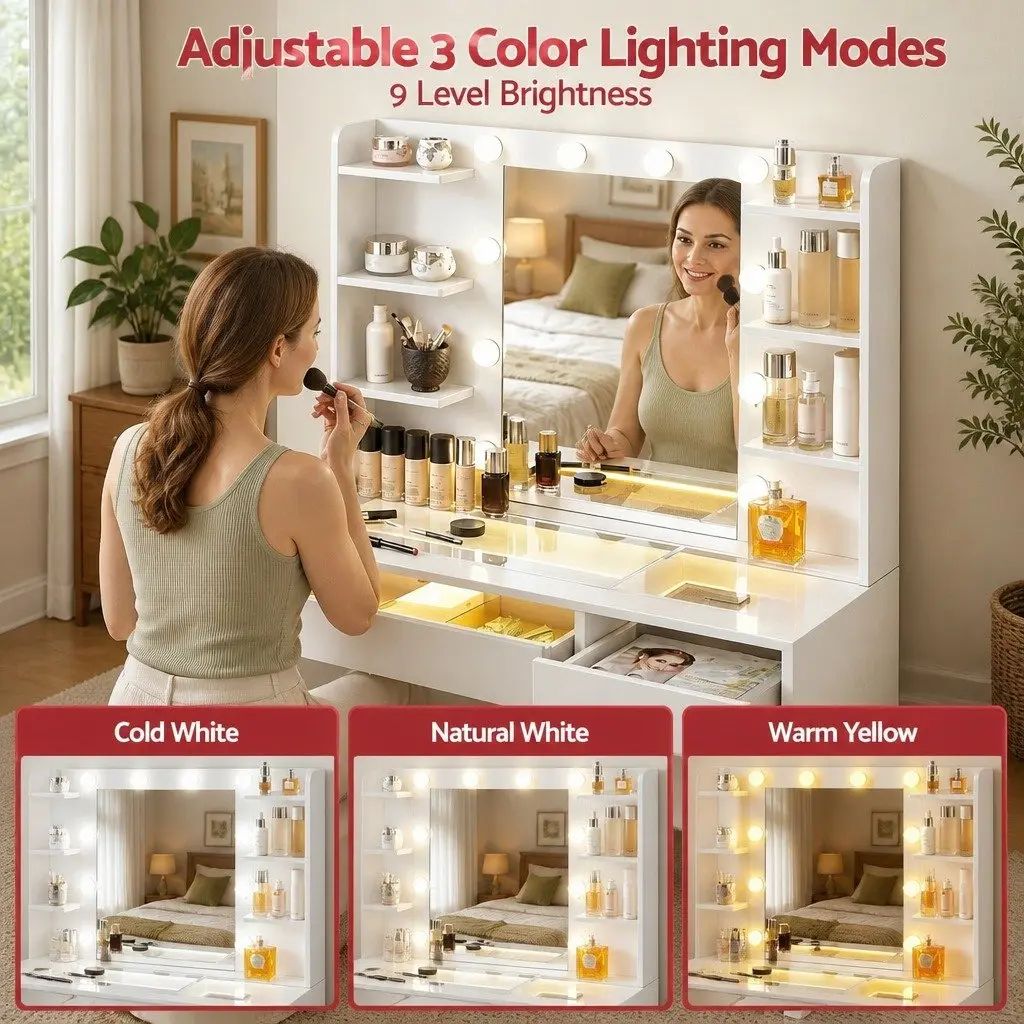 Dressing Table Vanity Desk for Bedroom with Hollywood Mirror and RGB Light White