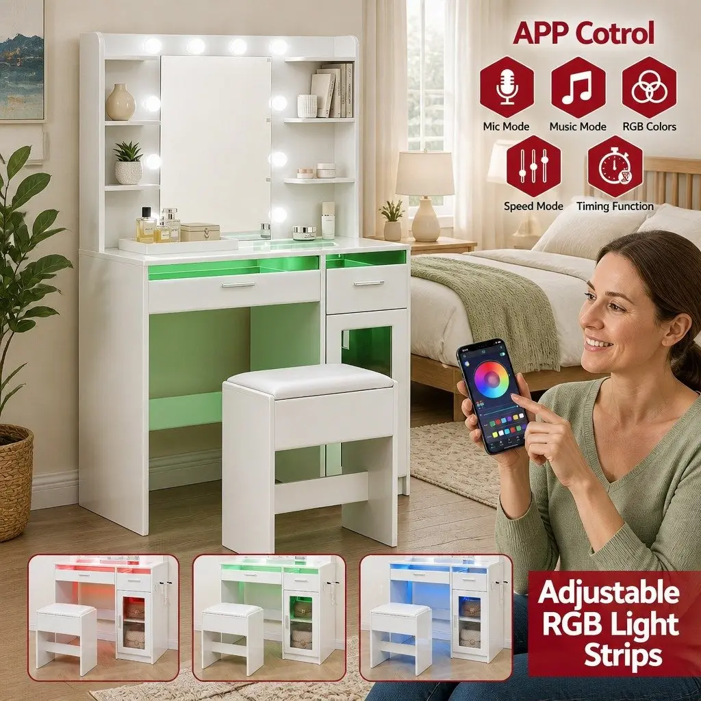 Dressing Table Vanity Desk for Bedroom with Hollywood Mirror and RGB Light White