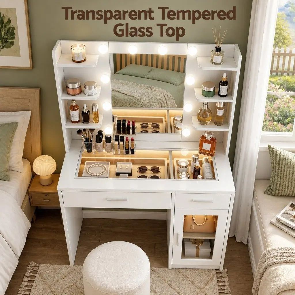 Dressing Table Vanity Desk for Bedroom with Hollywood Mirror and RGB Light White