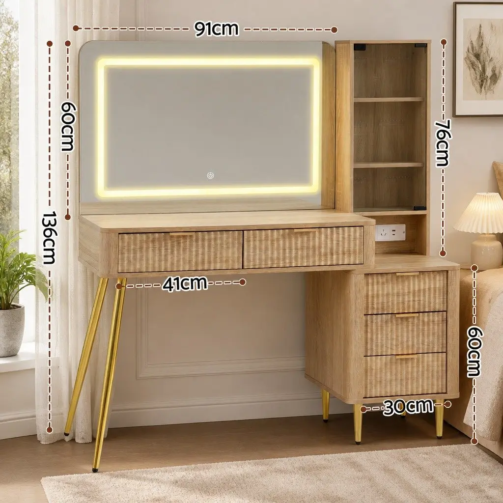 Dressing Table Bedroom 121cm W x 40cm D x 136cm H with LED Vanity Mirror and Charging Station