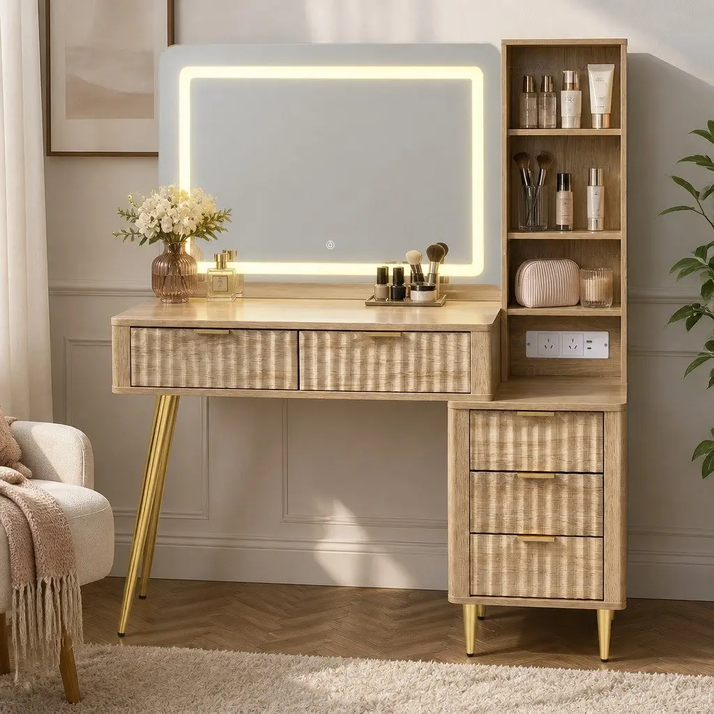 Dressing Table Bedroom 121cm W x 40cm D x 136cm H with LED Vanity Mirror and Charging Station