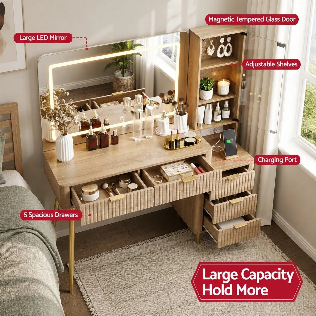 Dressing Table Bedroom 121cm W x 40cm D x 136cm H with LED Vanity Mirror and Charging Station
