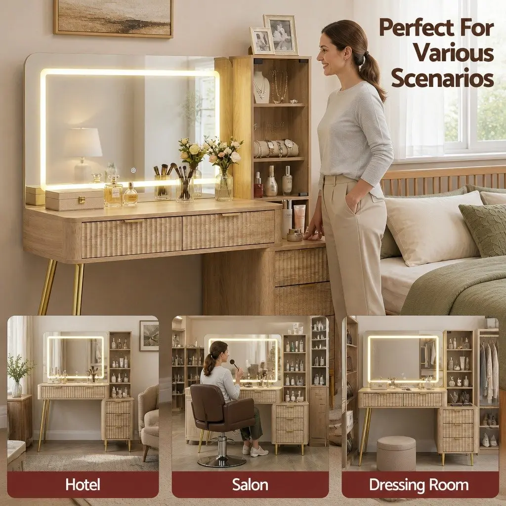 Dressing Table Bedroom 121cm W x 40cm D x 136cm H with LED Vanity Mirror and Charging Station