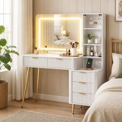 Dressing Table LED Vanity Desk with Charging Station White Hollywood Mirror