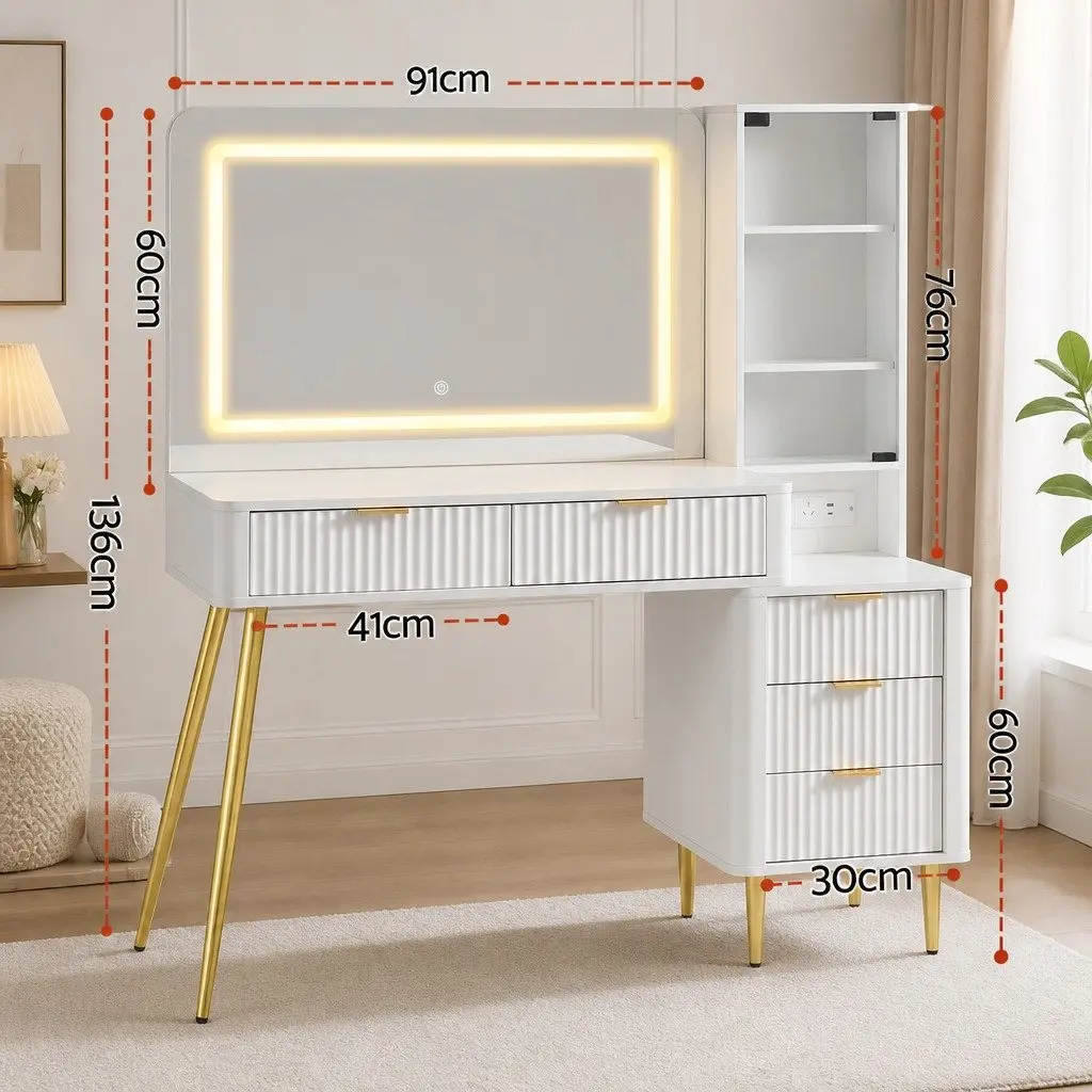 Dressing Table for Bedroom with LED Vanity Mirror and Charging Station White
