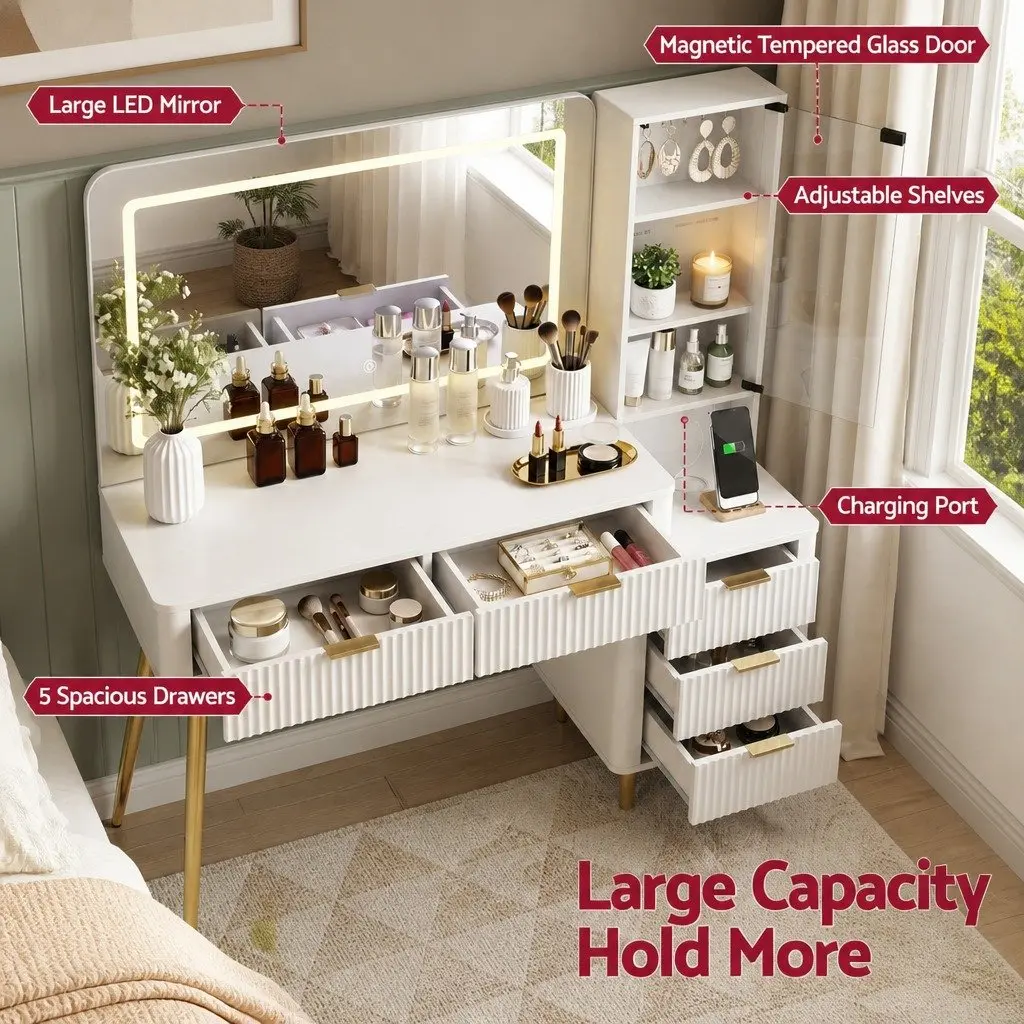 Dressing Table for Bedroom with LED Vanity Mirror and Charging Station White