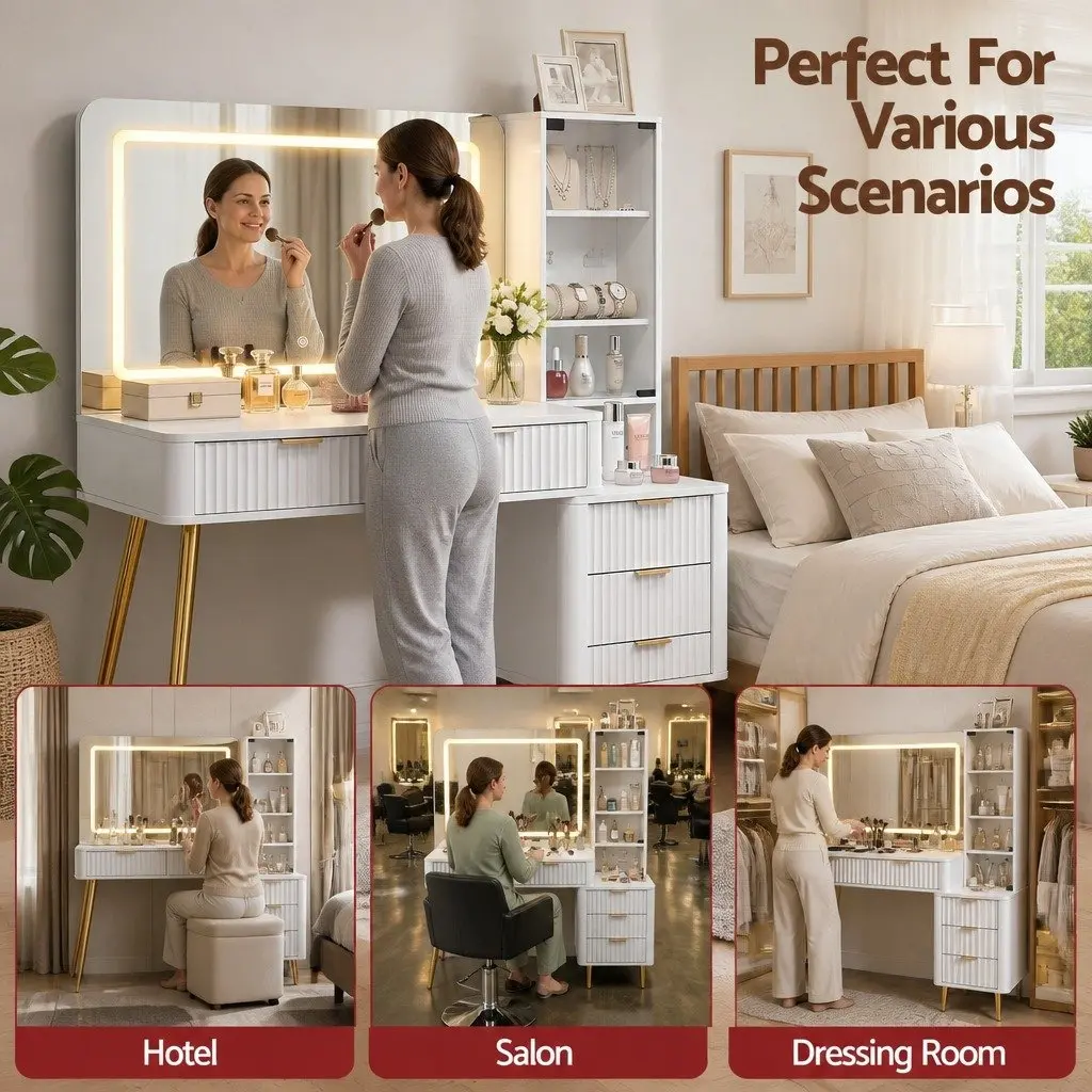 Dressing Table for Bedroom with LED Vanity Mirror and Charging Station White