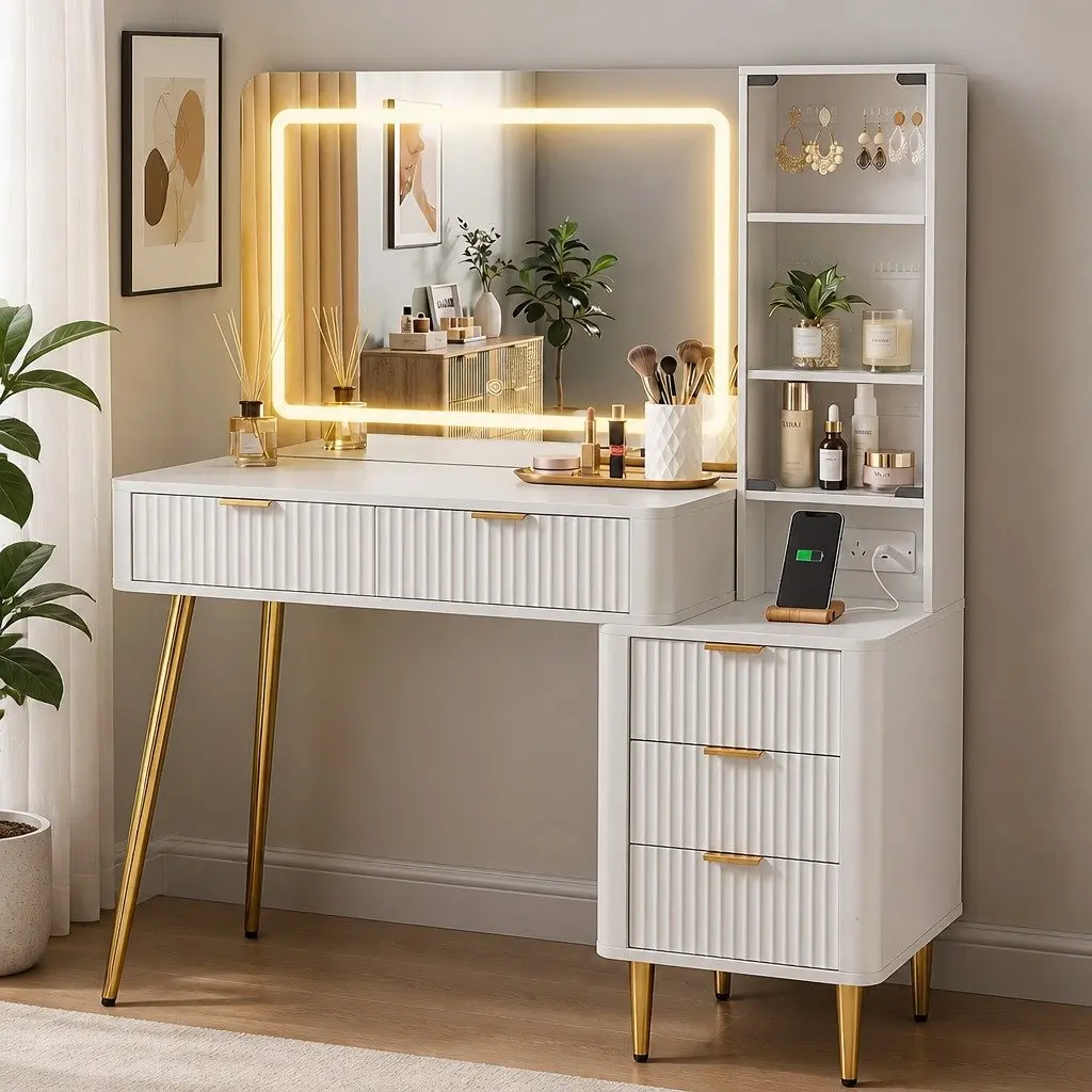 Dressing Table for Bedroom with LED Vanity Mirror and Charging Station White