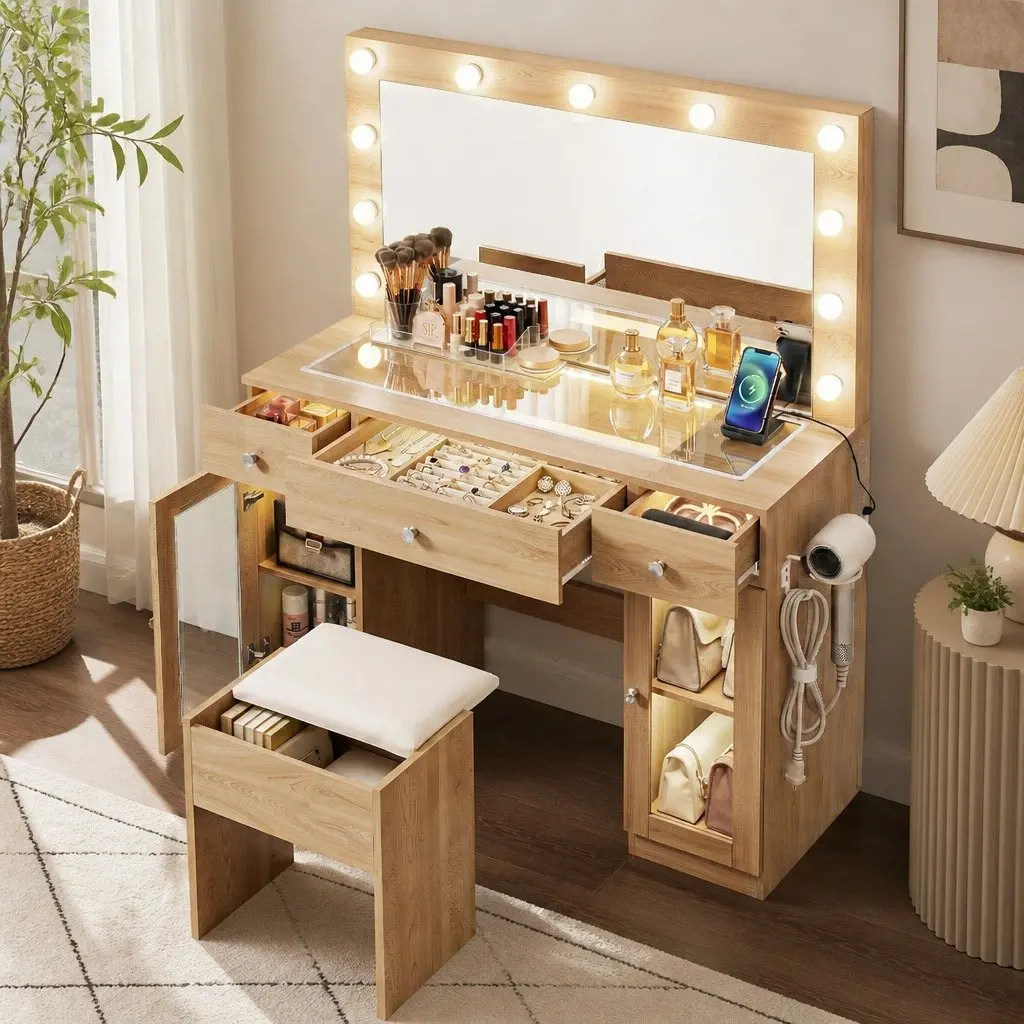 Dressing Table Vanity Desk for Bedroom with LED Hollywood Mirror RGB Bulbs Wood Drawers 105cm x 40cm x 135cm