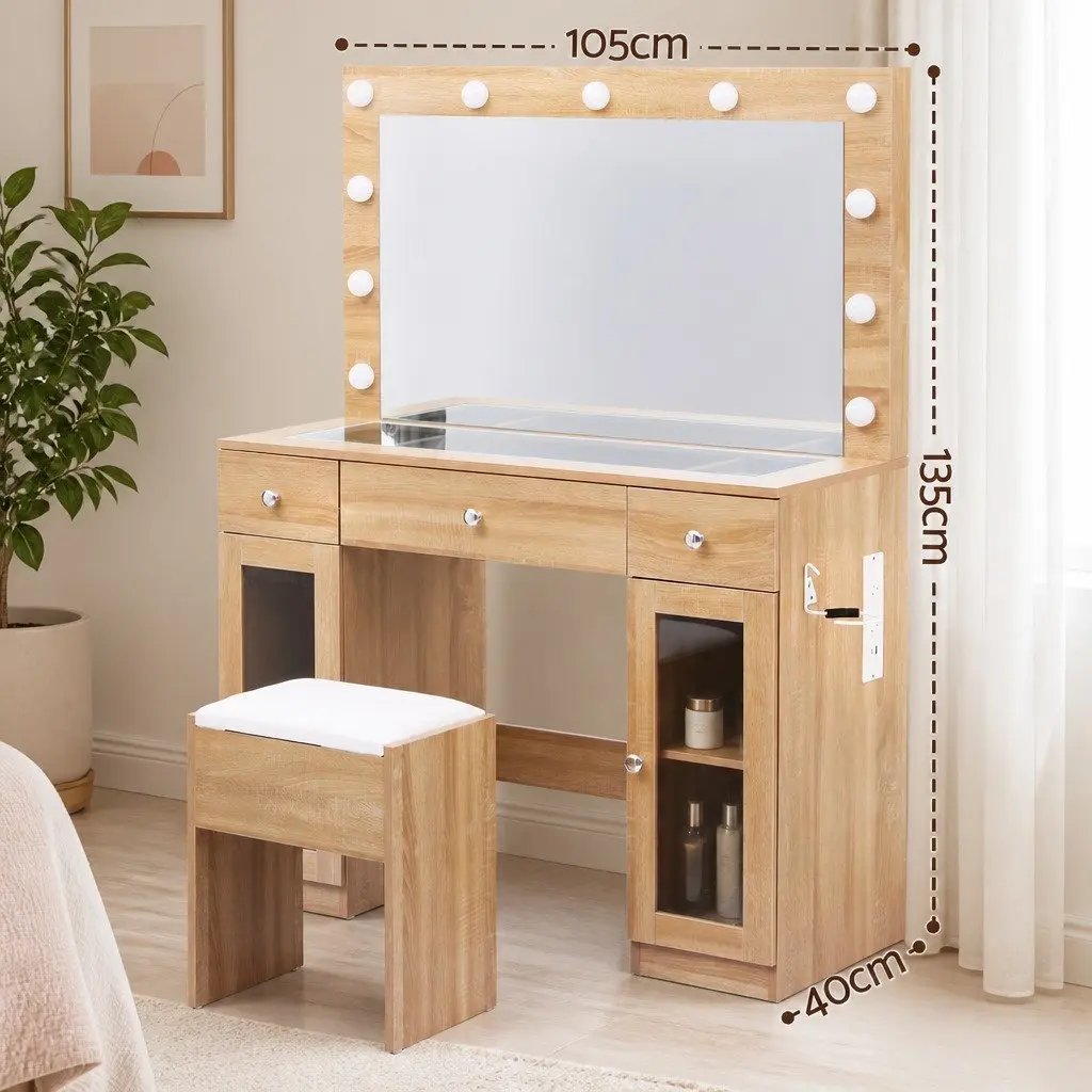 Dressing Table Vanity Desk for Bedroom with LED Hollywood Mirror RGB Bulbs Wood Drawers 105cm x 40cm x 135cm