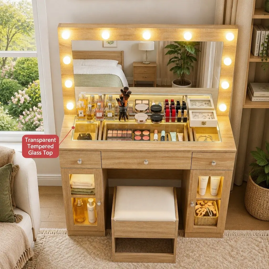 Dressing Table Vanity Desk for Bedroom with LED Hollywood Mirror RGB Bulbs Wood Drawers 105cm x 40cm x 135cm