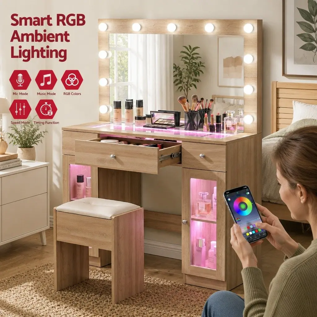 Dressing Table Vanity Desk for Bedroom with LED Hollywood Mirror RGB Bulbs Wood Drawers 105cm x 40cm x 135cm