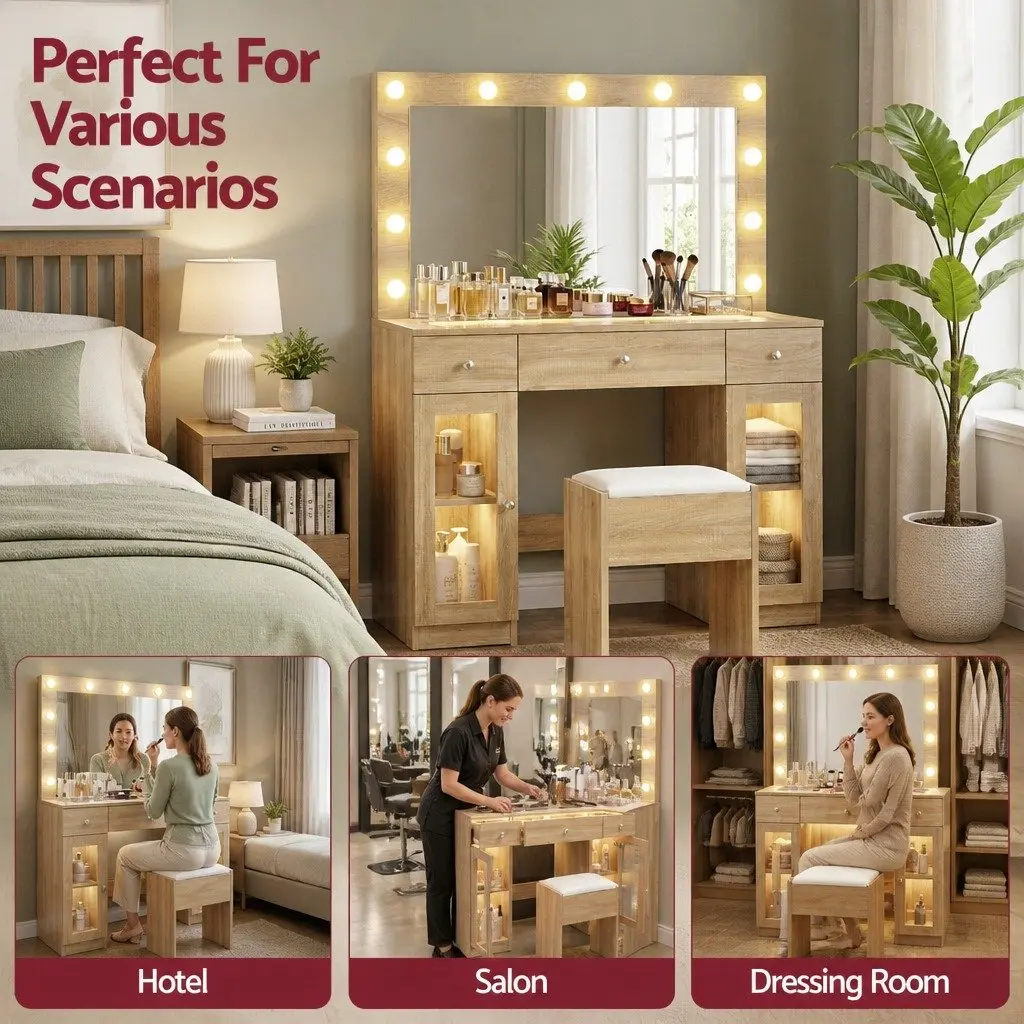 Dressing Table Vanity Desk for Bedroom with LED Hollywood Mirror RGB Bulbs Wood Drawers 105cm x 40cm x 135cm