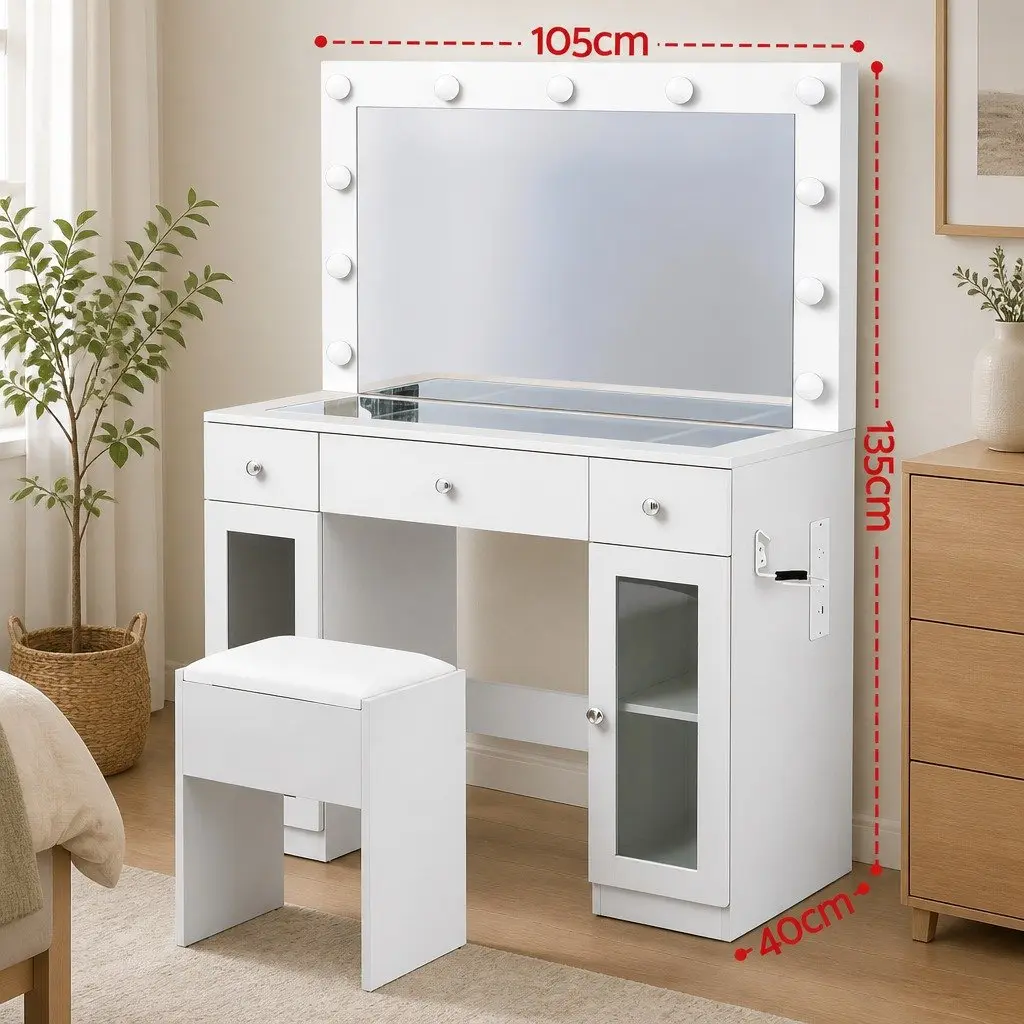 Dressing Table Vanity Desk for Bedroom with Hollywood Mirror LED Bulbs RGB Light White
