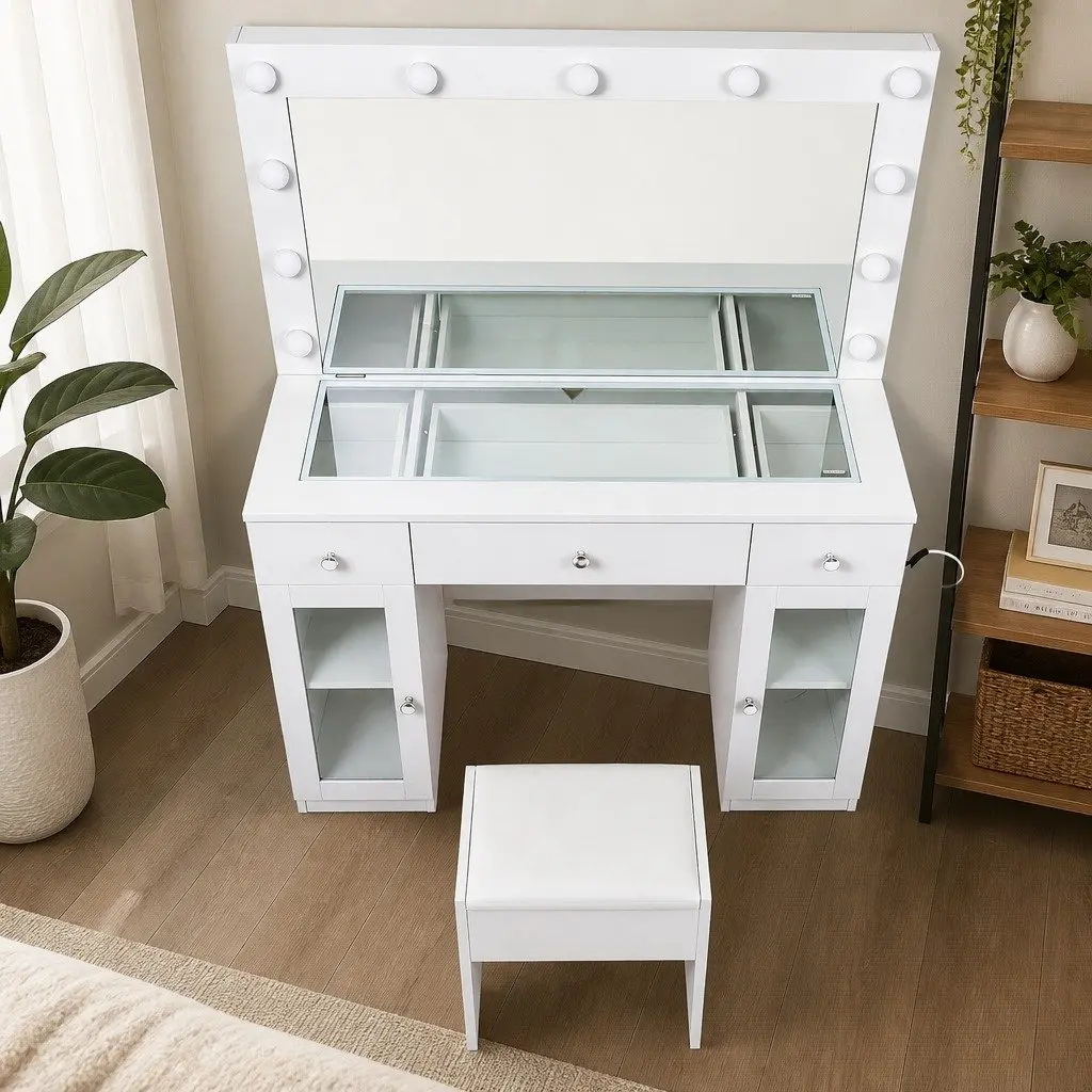 Dressing Table Vanity Desk for Bedroom with Hollywood Mirror LED Bulbs RGB Light White