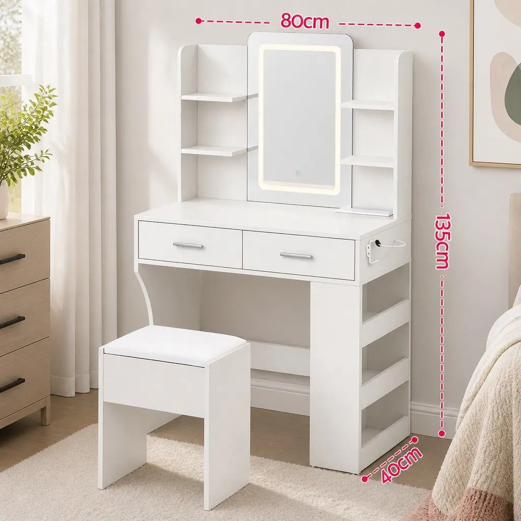 LED Vanity Dressing Table Makeup Desk with Mirror Stool White Bedroom Furniture