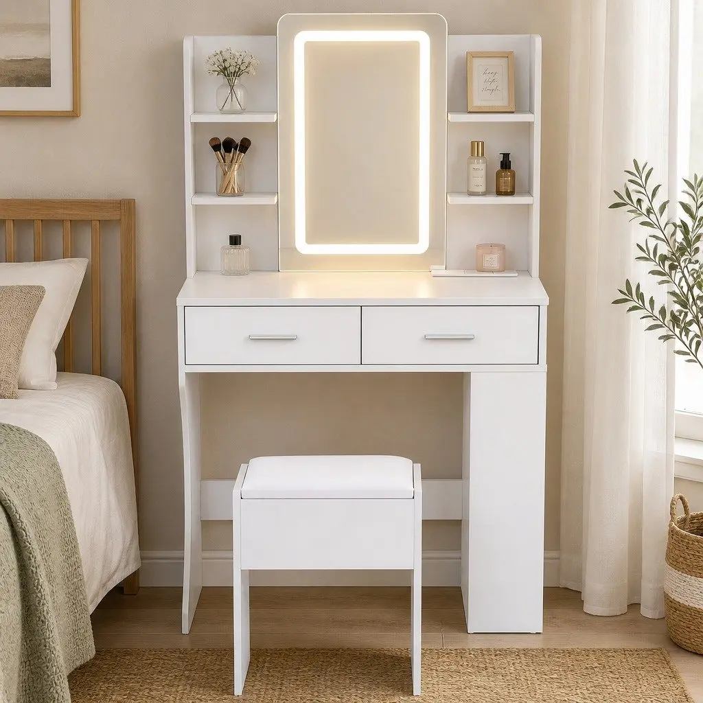 LED Vanity Dressing Table Makeup Desk with Mirror Stool White Bedroom Furniture