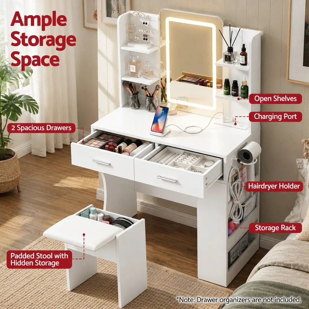 LED Vanity Dressing Table Makeup Desk with Mirror Stool White Bedroom Furniture